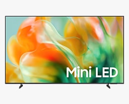 A Samsung Mini LED M80H TV displays orange and green abstract design on screen.