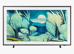 A Samsung The Frame TV displays colorful artwork on screen.