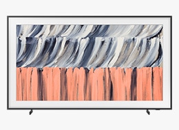 A Samsung The Frame LS03HE TV displays abstract artwork in blue and white tones on screen.