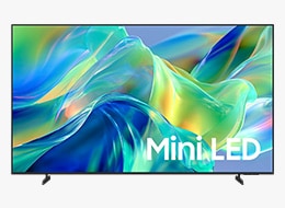 A Samsung Mini LED M1EH TV displays blue, red and orange abstract design on screen.