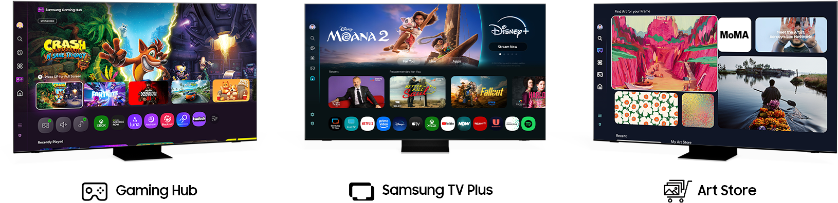 Three TVs showing the UI for Gaming Hub, Samsung TV Plus and Art Store.