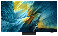 TV OLED của Samsung hiển thị cảnh quan trừu tượng màu xanh pha chút vàng trên màn hình.