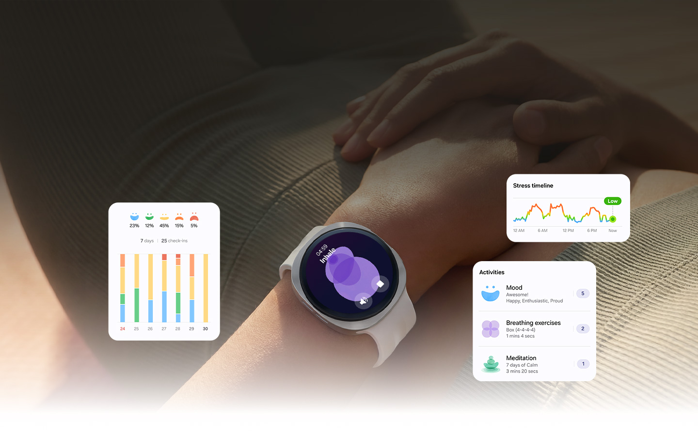 A person lying on their back is wearing Galaxy Watch9 on their wrist. Stress feature is onscreen and the stress level is Low, indicating that the person is relaxed.