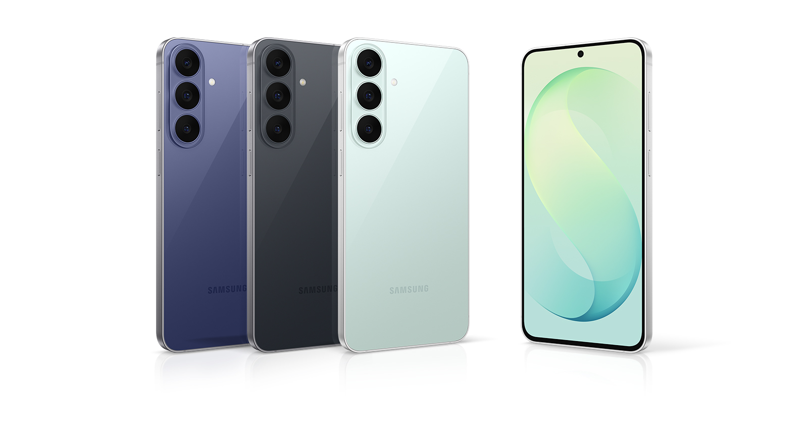Three Samsung Galaxy S26 FE devices are arranged side by side, each slightly overlapping the one to its left. They are all upright with their backs facing forward and their left sides slightly tilted. The colors from left to right are Blueberry, Graphite, and Pistachio. Another Galaxy S26 FE device stands to the right of the three, with its screen facing forward and its right side slightly tilted.