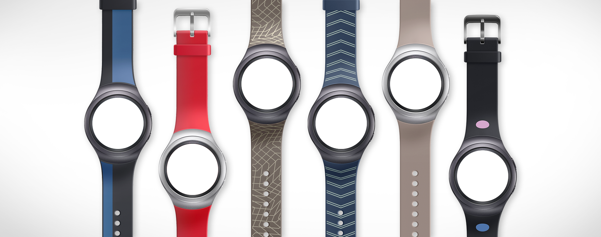 Six Gear S2s lined up with six different bands