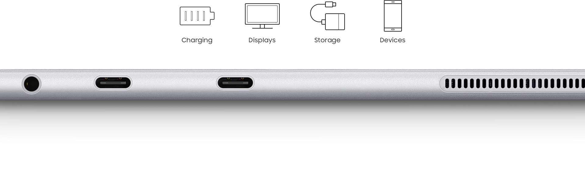 An image showing the side of a Galaxy Book 10.6 device, displaying its earphone and USB-C ports. At the bottom of the image, USB-C is written in large text. On the top are charging, displays, storage and devices icons.