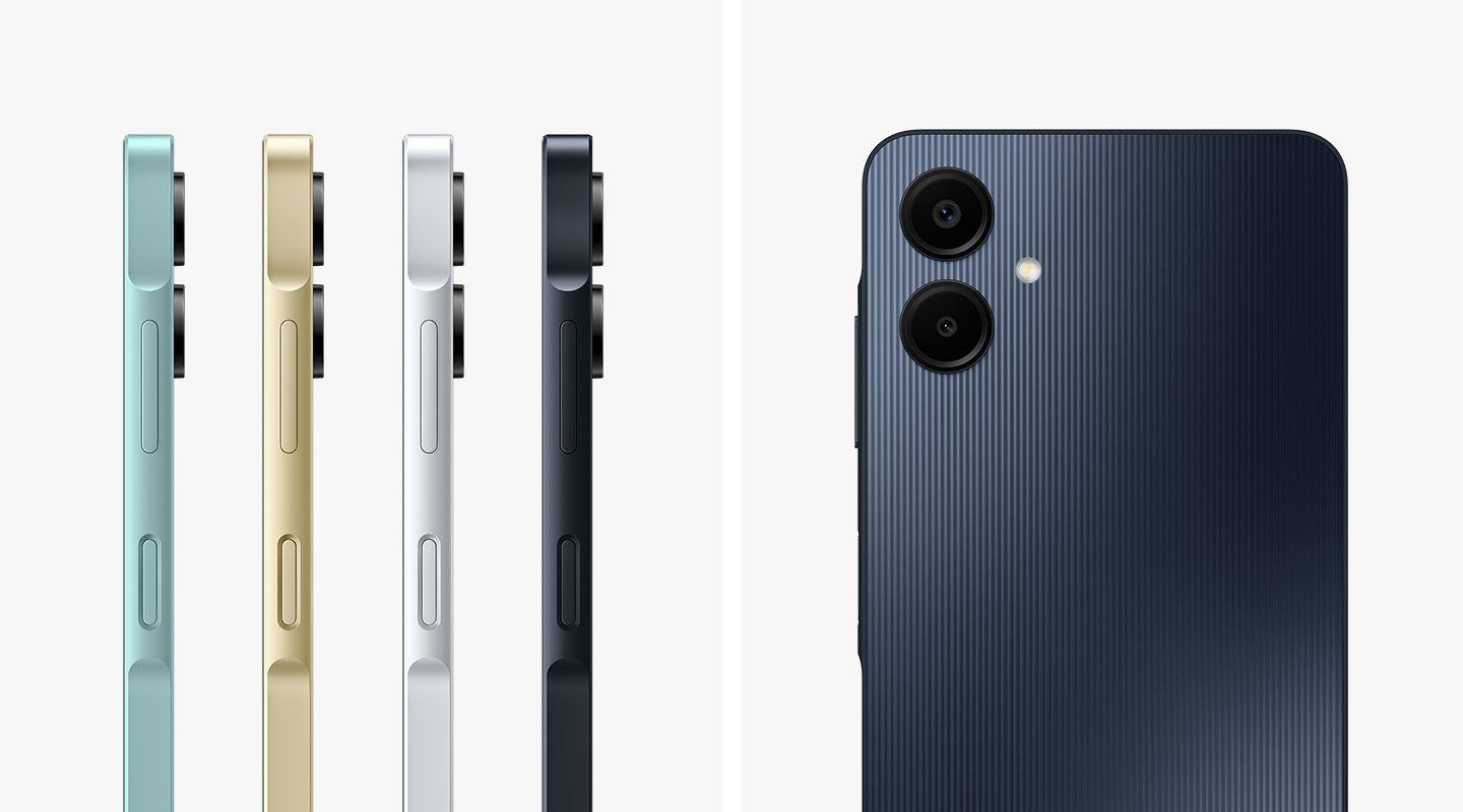 Se muestra el perfil lateral de cuatro Galaxy A06 en verde claro, dorado, azul claro y negro. También se muestra la parte trasera de un Galaxy A06 negro, destacando su configuración de doble cámara y el diseño más delgado en general.