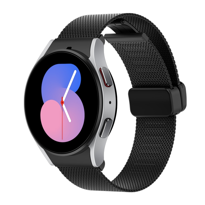 A silver Galaxy Watch5 with a black milanese band is shown at a tilted angle.