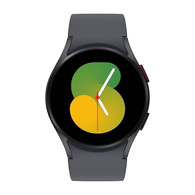 A graphite Galaxy Watch5 with a graphite sport band is shown.