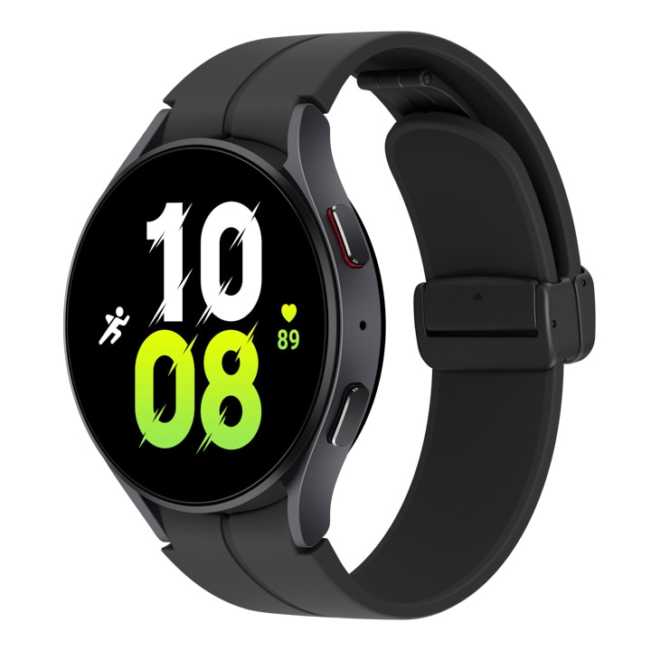 A graphite Galaxy Watch5 44mm device with a black D-Buckle sport band is shown at a tilted angle.
