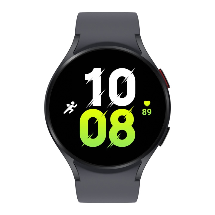 A graphite Galaxy Watch5 44mm device with a graphite sport band is shown.