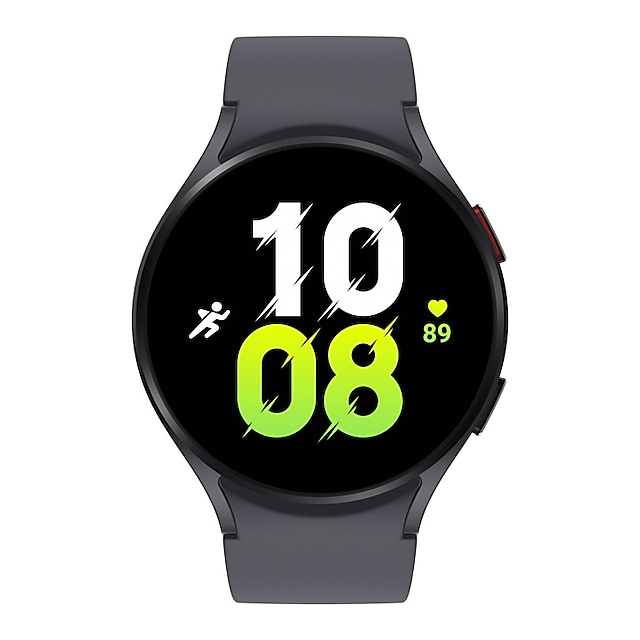 A graphite Galaxy Watch5 44mm device with a graphite sport band is shown.