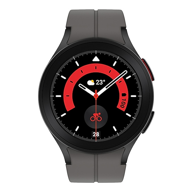 A black titanium Galaxy Watch5 Pro device with a grey D-Buckle sport band is shown.