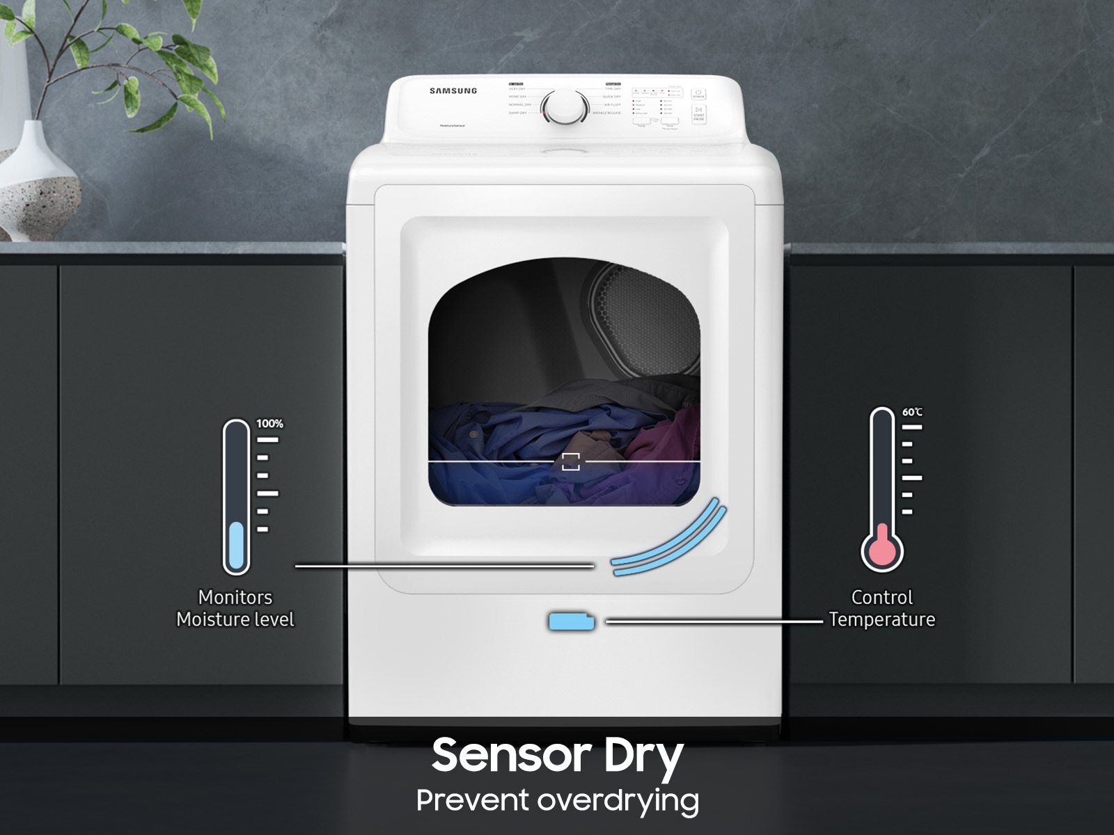 DV3000A (DVE41A3000W/A3) Dryer with Sensor Dry, Reversible Door, 8 Drying Cycles White