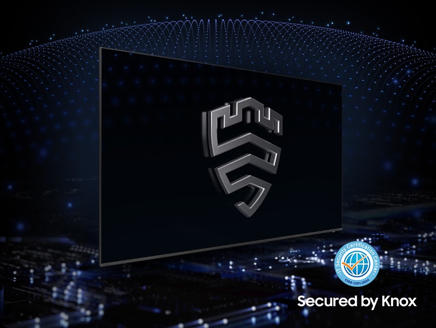 A multi-layered security solution is creating a dome-like enclosure behind a TV that's secured by Knox. The screen features the Samsung Knox emblem. Bottom right corner shows IT Security Certification Center badge. Underneath it reads &lsquo;Secured by Knox&rsquo;.