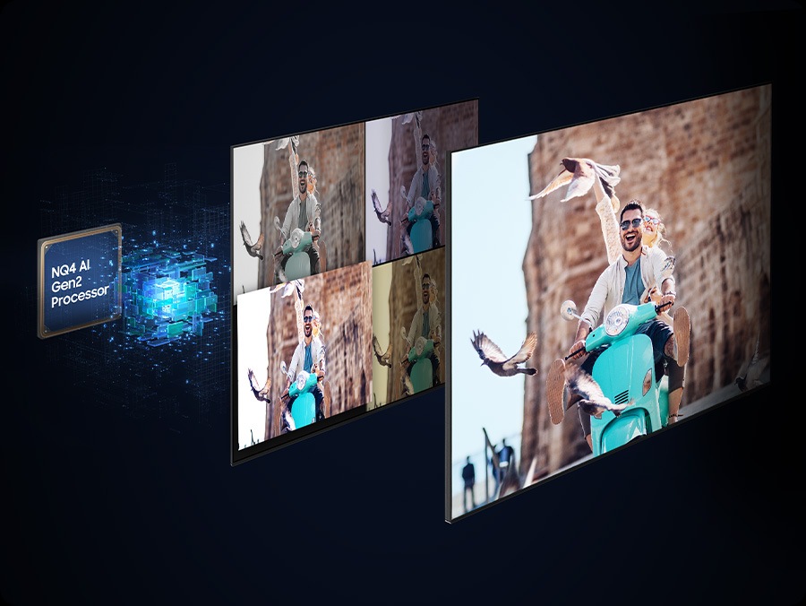 Samsung NQ4 AI Gen2 Processor behind screen layers works to optimize TV picture settings, resulting in crisp, vivid image.