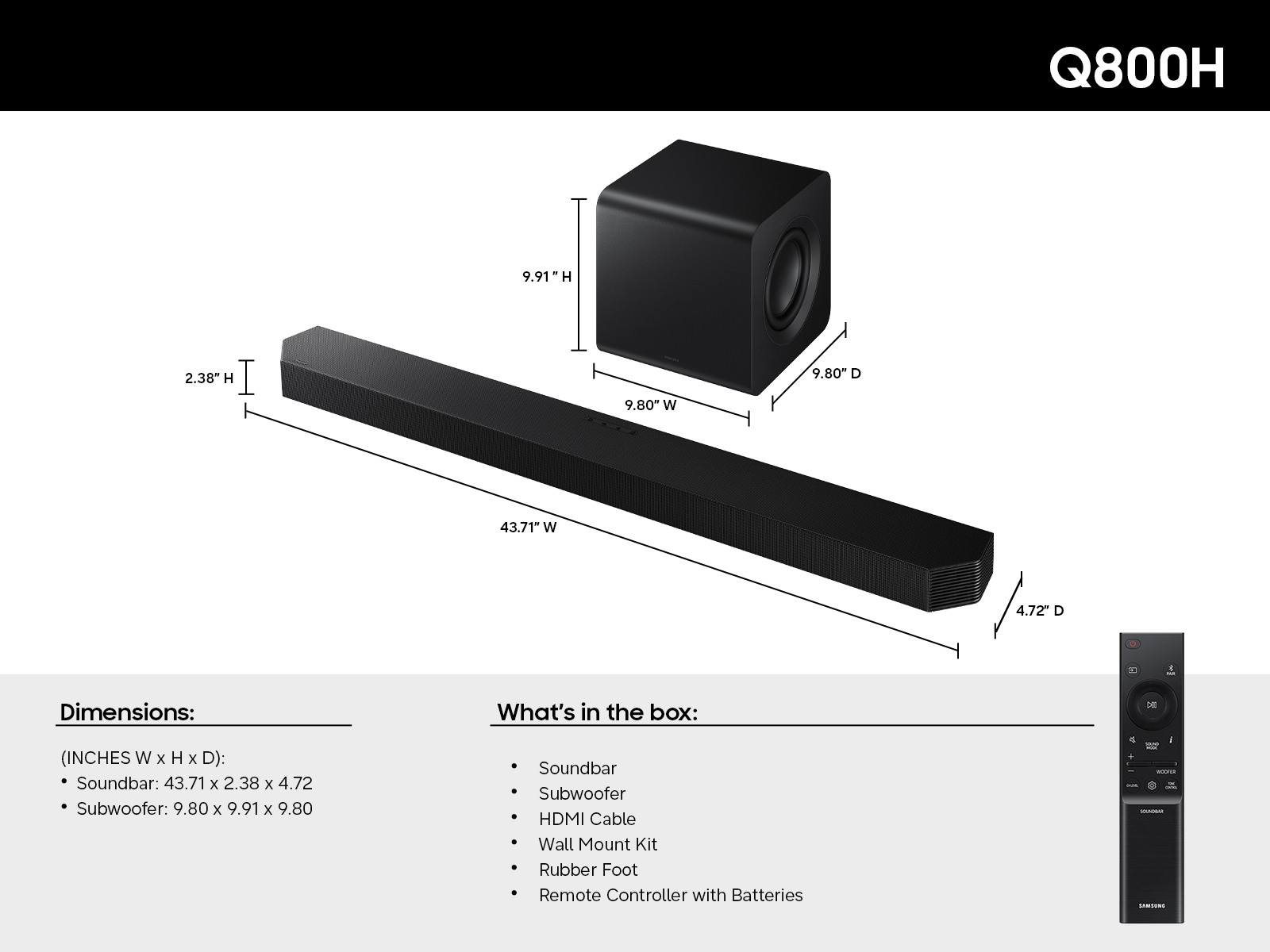 A diagram of the product dimensions of the Samsung Q800H sound system.