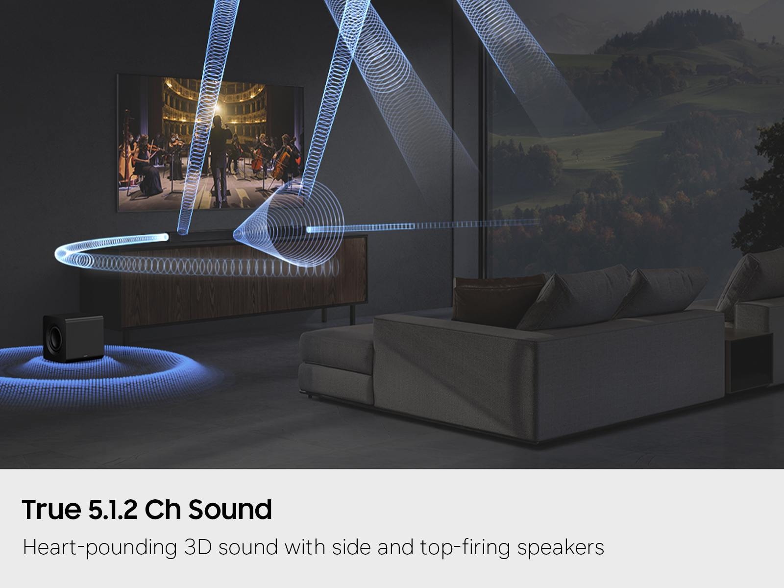 An illustration demonstrating how True 5.1.2 Channel Full Surround Sound on the Samsung Q800H sound system can fill a room with cinematic sound.