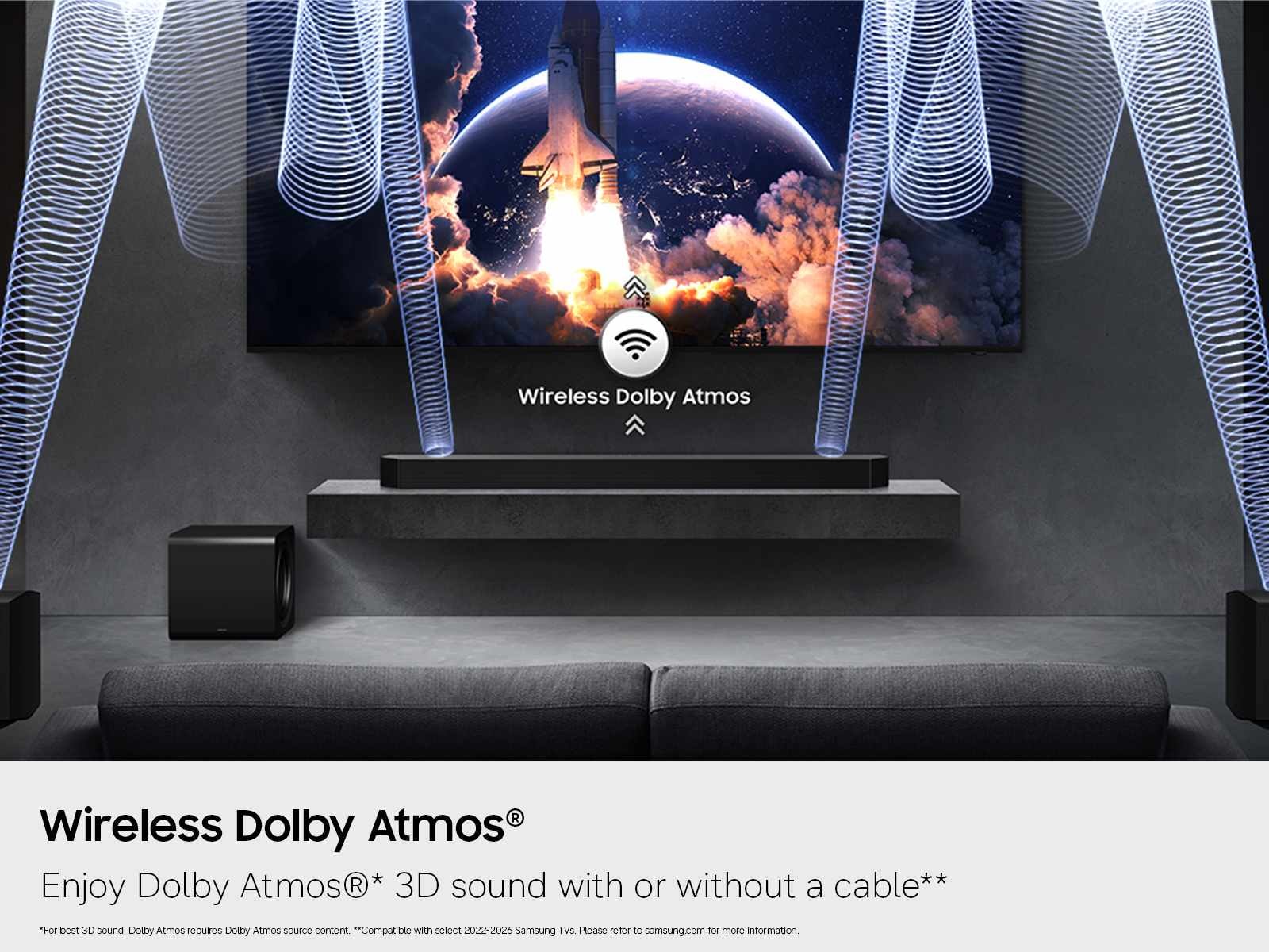 An illustration showing how Wireless Dolby Atmos sound works on the Samsung Q800H.