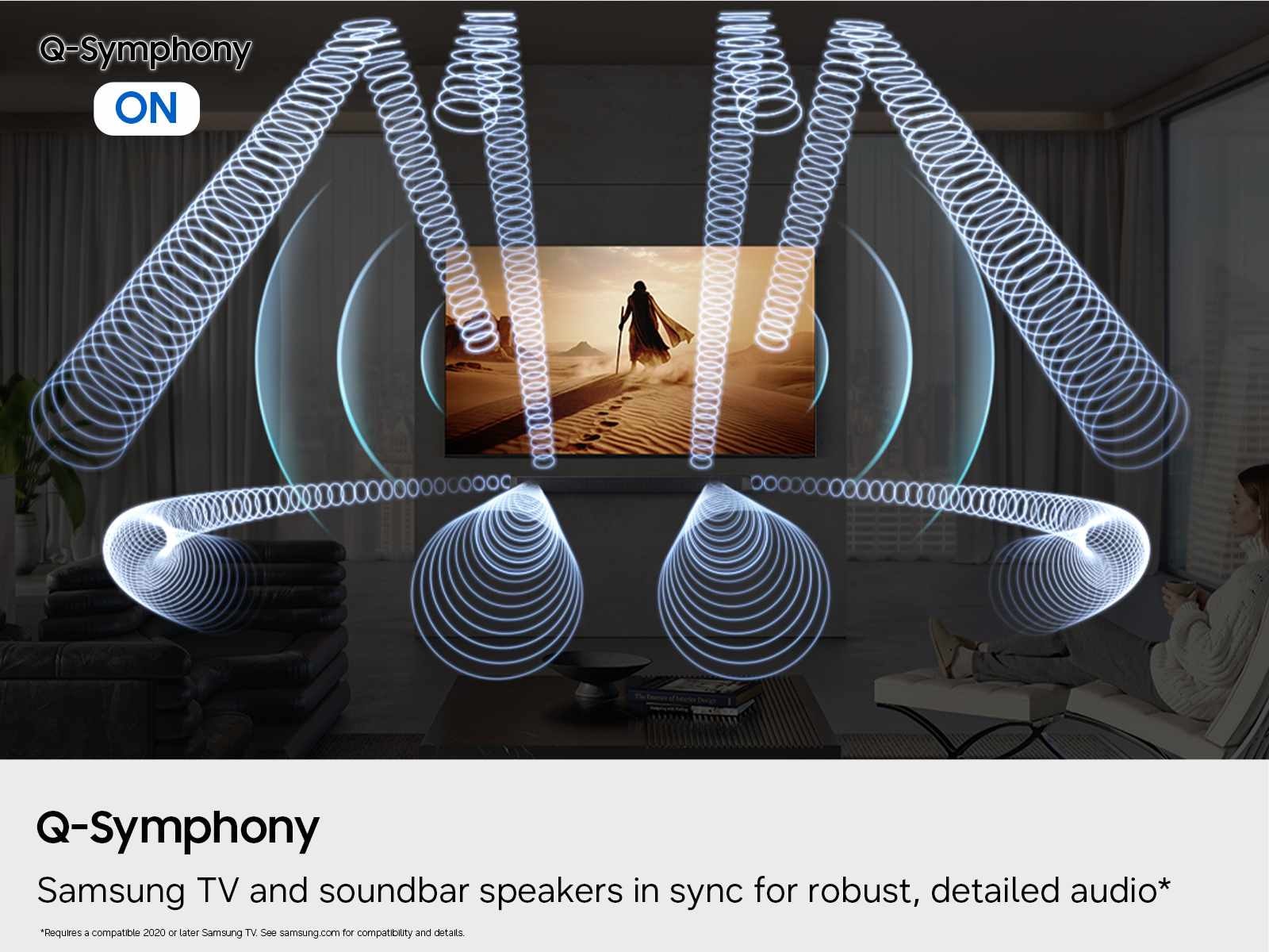 An illustration showing how Q-Symphony on a Q800H can work with a Samsung TV for room expanding sound.