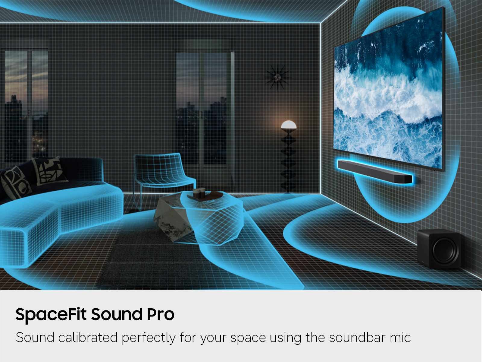 An image demonstrating how SpaceFit Sound Pro on the Samsung Q800H analyzes your space and optimizes bass and audio for clear sound and immersion in your home. 