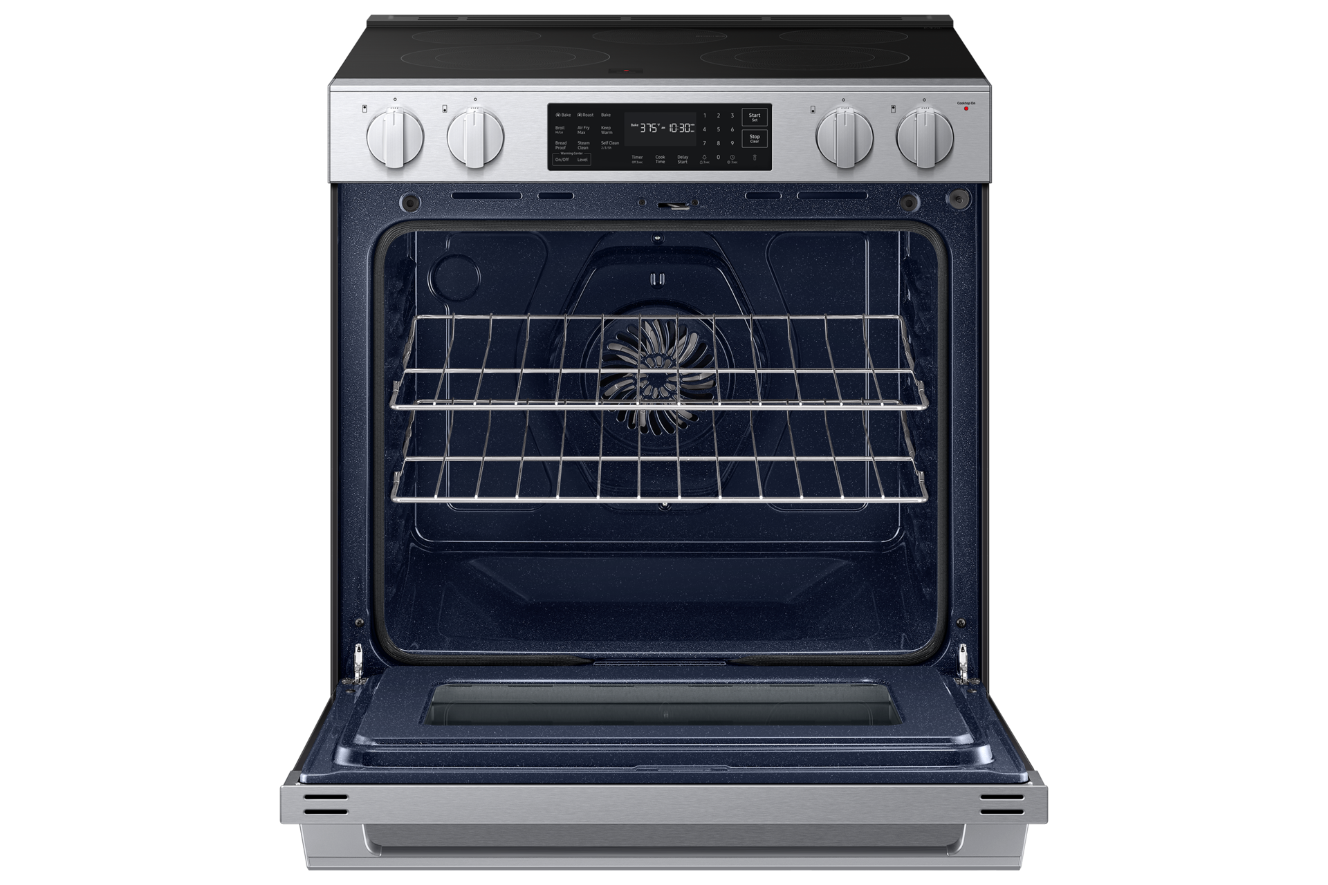Open oven door of the Bespoke Smart Slide-In Electric Range with No Preheat Air Fry Max | Samsung US