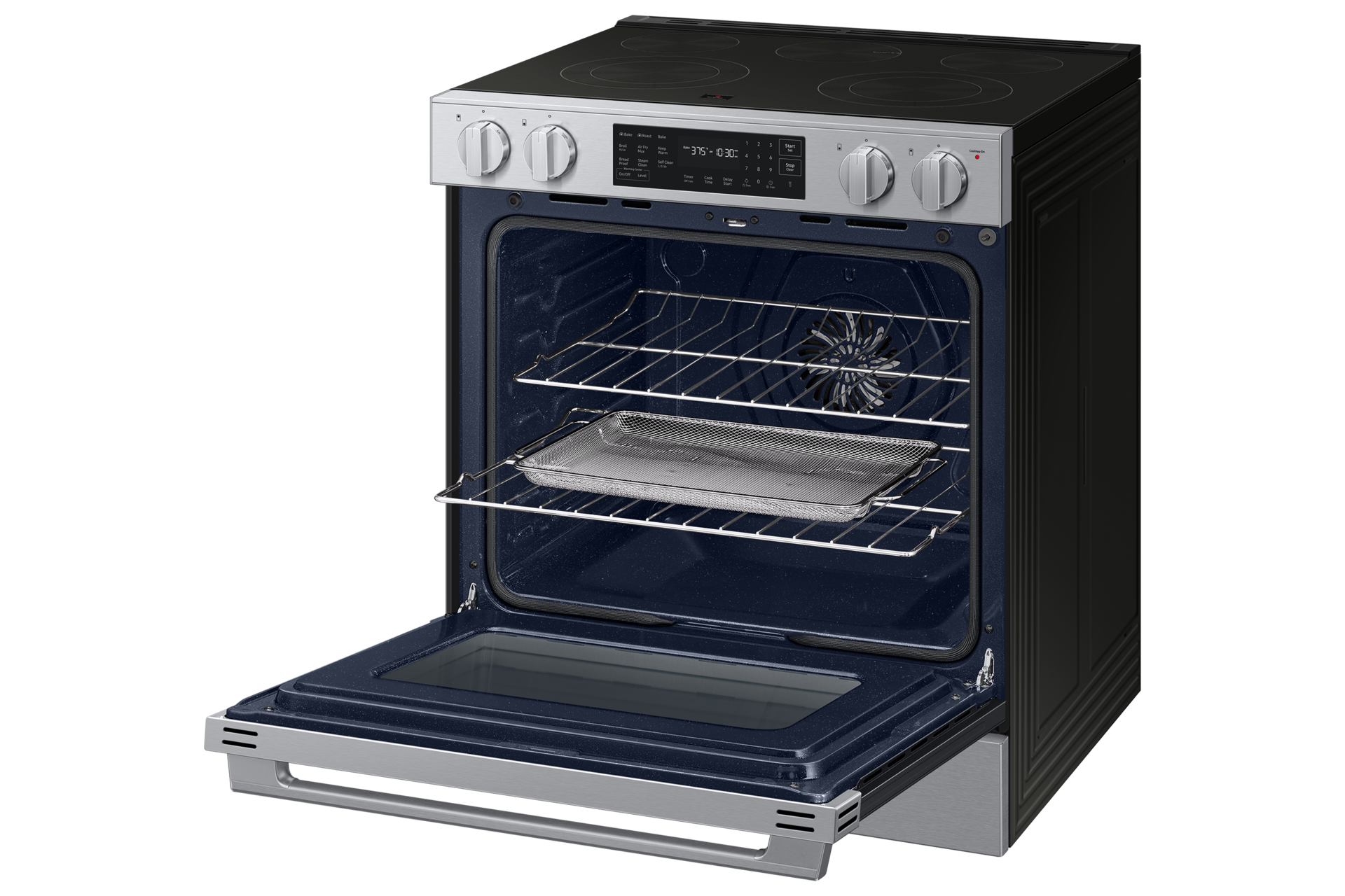 Right angle view of the  Bespoke Smart Slide-In Electric Range with No Preheat Air Fry Max with open oven door showing racks and Air Fry Tray