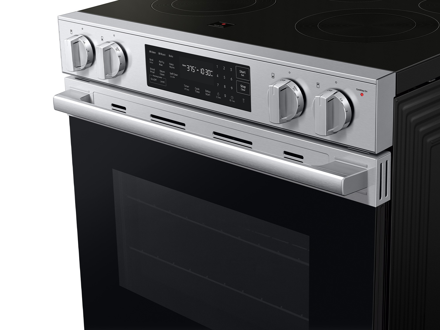 Angled detail view of  Bespoke Smart Slide-In Electric Range with No Preheat Air Fry Max | Samsung US 
