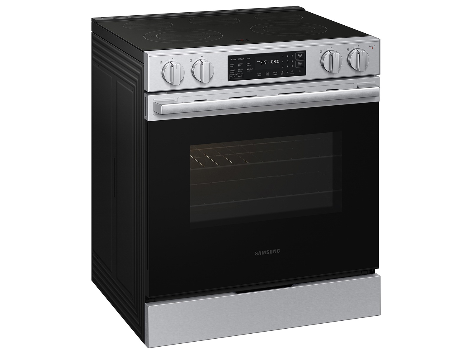 Right angle view of the  Bespoke Smart Slide-In Electric Range with No Preheat Air Fry Max | Samsung US featuring its Pro Style Design
