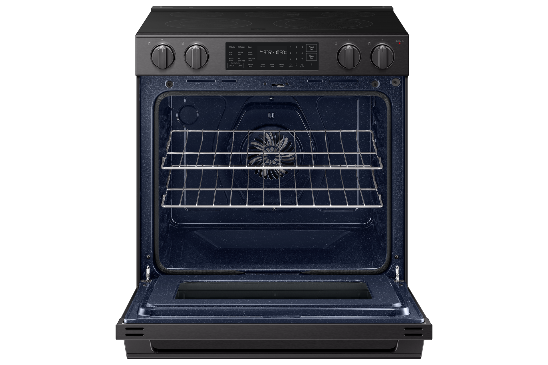 Open oven door of the Bespoke Smart Slide-In Electric Range with No Preheat Air Fry Max and True Convection | Samsung US