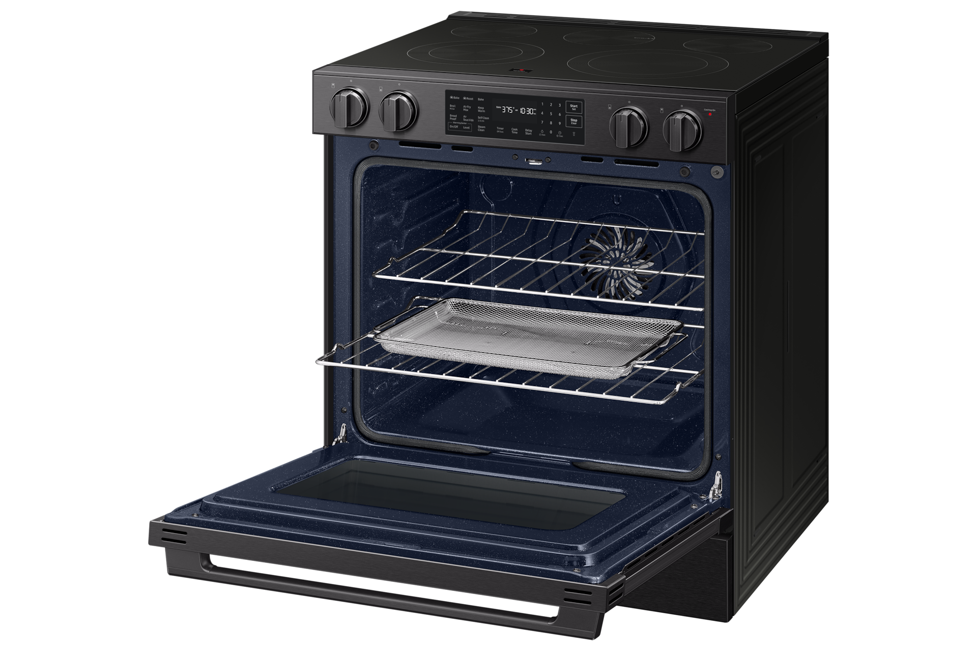 Right angle view of the  Bespoke Smart Slide-In Electric Range with No Preheat Air Fry Max and True Convection with open oven door showing racks and Air Fry Tray