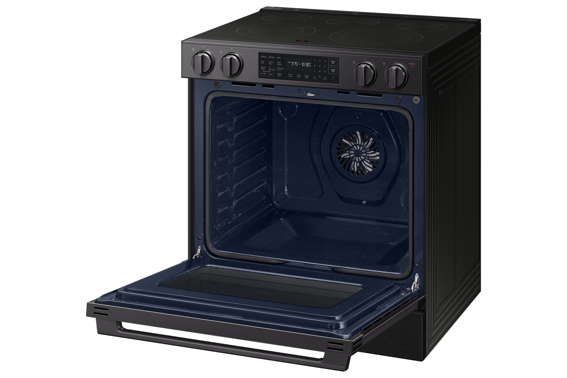 Right angle view of the  Bespoke Smart Slide-In Electric Range with No Preheat Air Fry Max and True Convection with open oven door