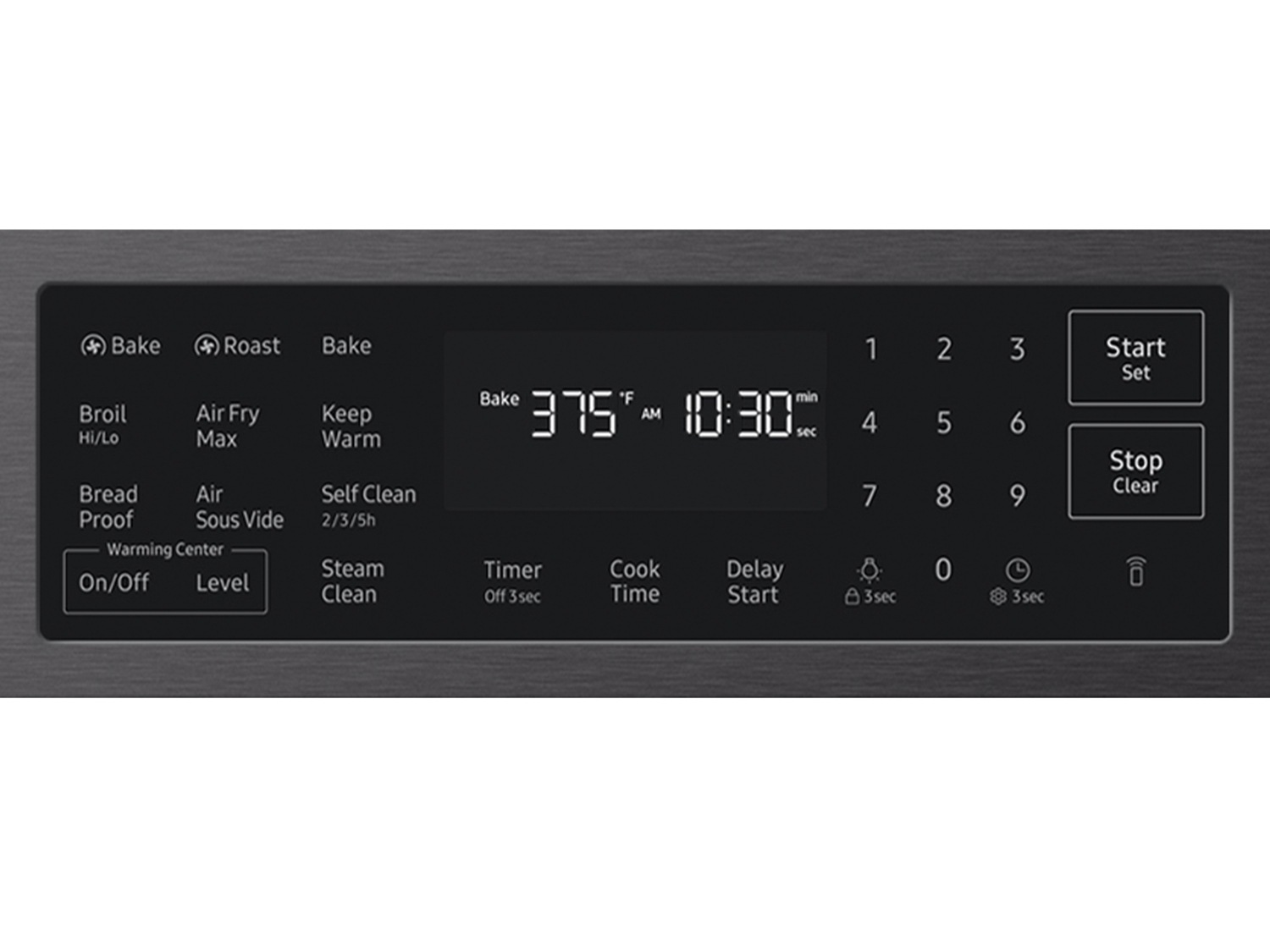 Front control panel on the  Bespoke Smart Slide-In Electric Range with No Preheat Air Fry Max and True Convection | Samsung US