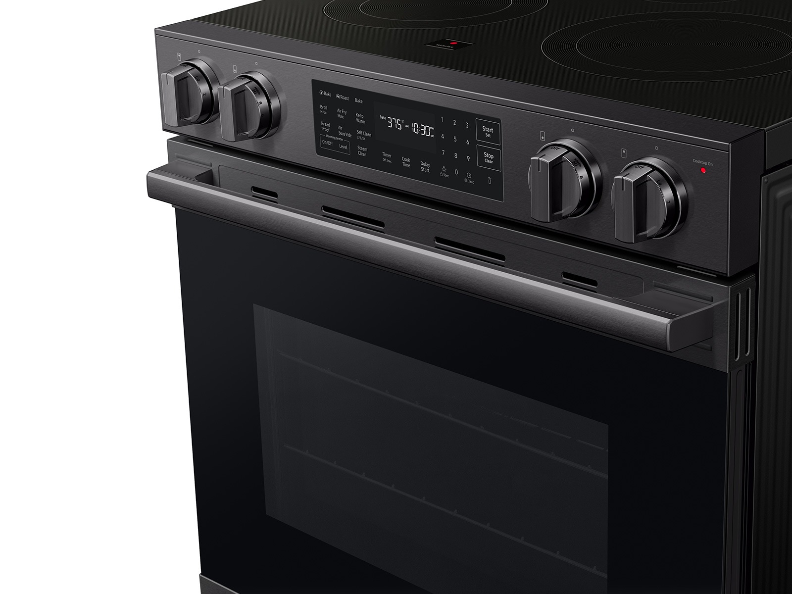 Angled detail view of  Bespoke Smart Slide-In Electric Range with No Preheat Air Fry Max and True Convection | Samsung US