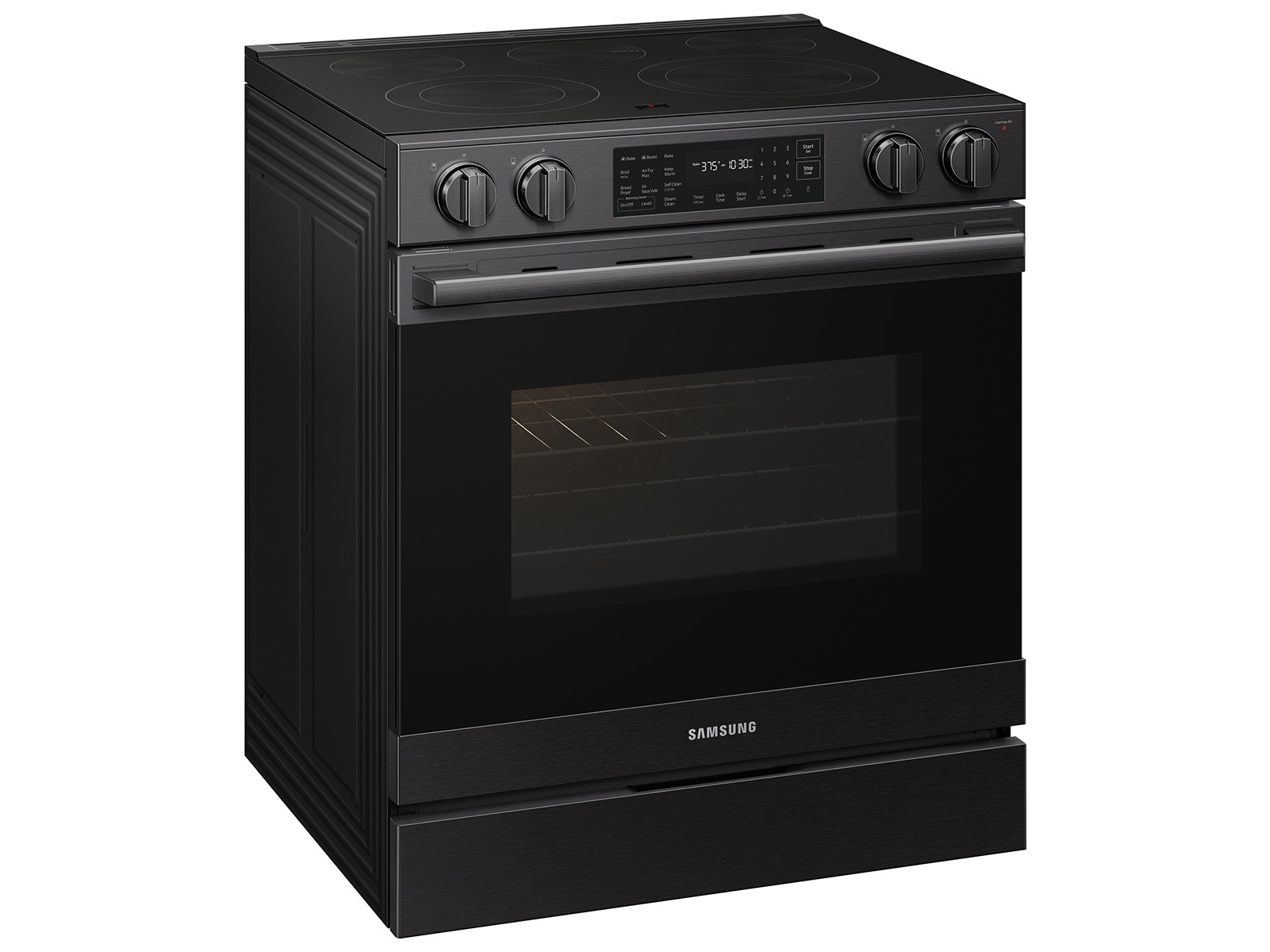 Right angle view of the  Bespoke Smart Slide-In Electric Range with No Preheat Air Fry Max and True Convection | Samsung US featuring its Pro Style Design