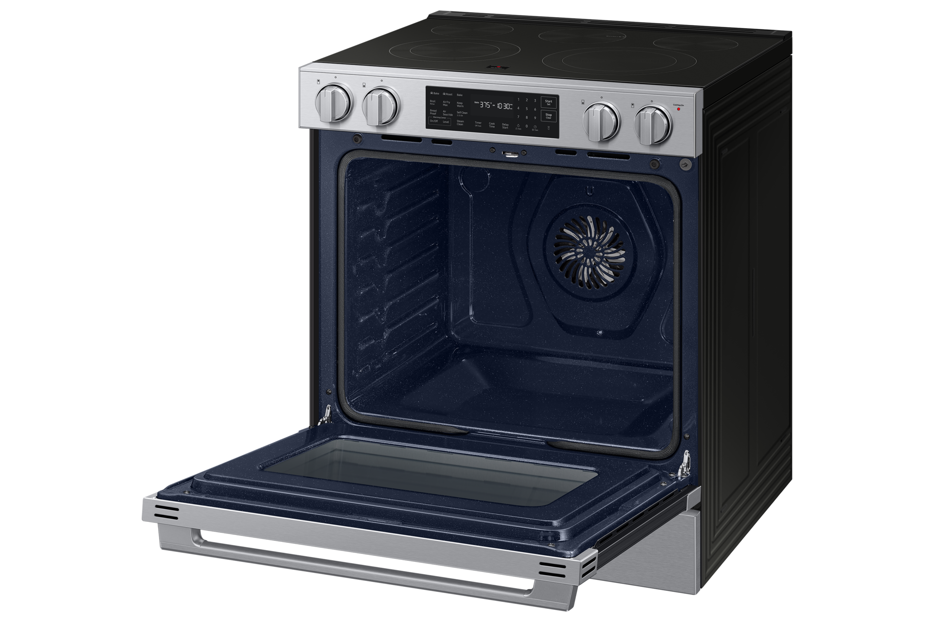 Right angle view of the  Bespoke Smart Slide-In Electric Range with No Preheat Air Fry Max and True Convection with open oven door