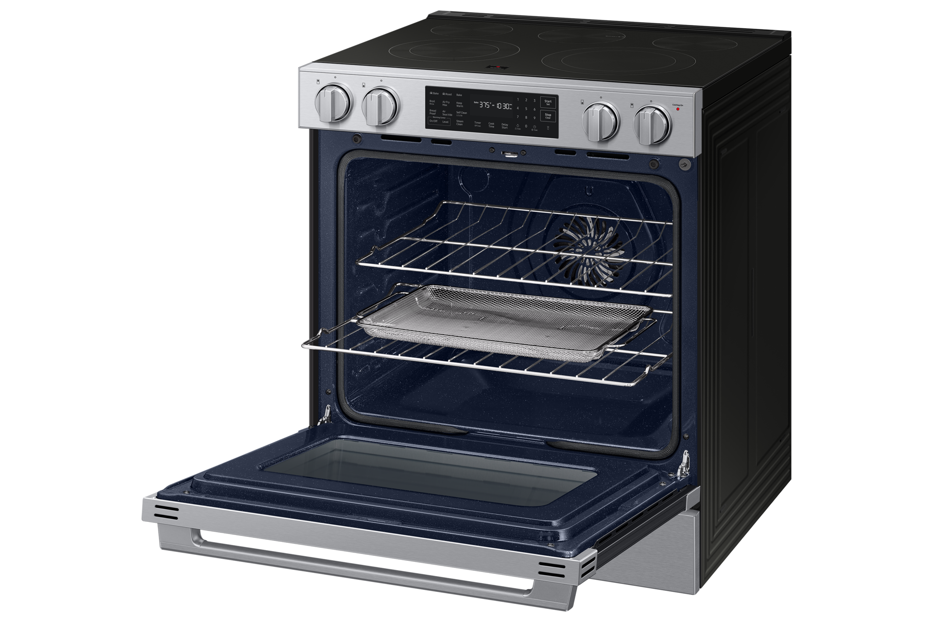 Right angle view of the  Bespoke Smart Slide-In Electric Range with No Preheat Air Fry Max and True Convection with open oven door showing racks and Air Fry Tray