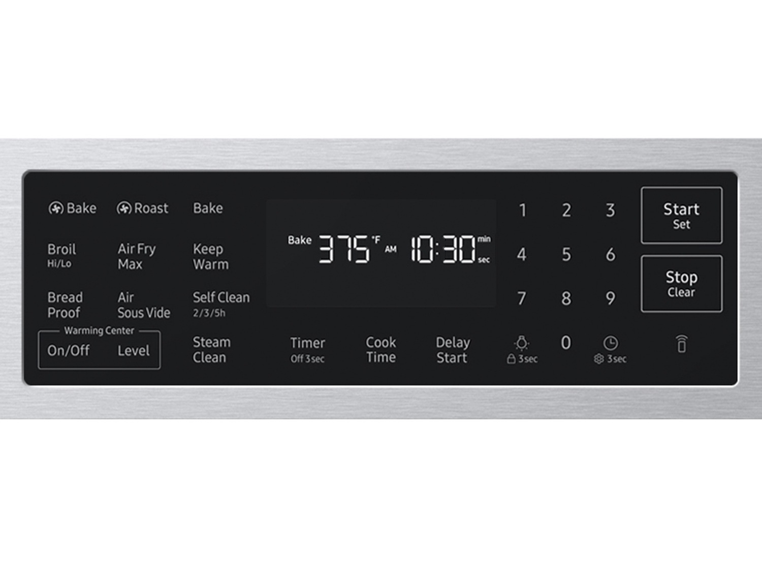 Front control panel on the  Bespoke Smart Slide-In Electric Range with No Preheat Air Fry Max and True Convection | Samsung US