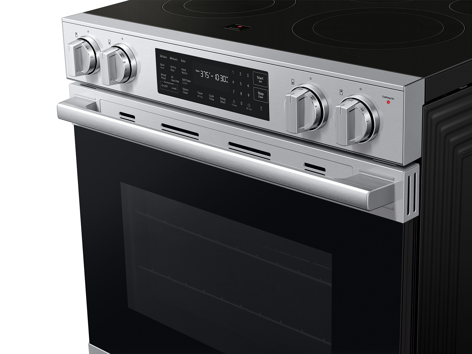 Angled detail view of  Bespoke Smart Slide-In Electric Range with No Preheat Air Fry Max and True Convection | Samsung US