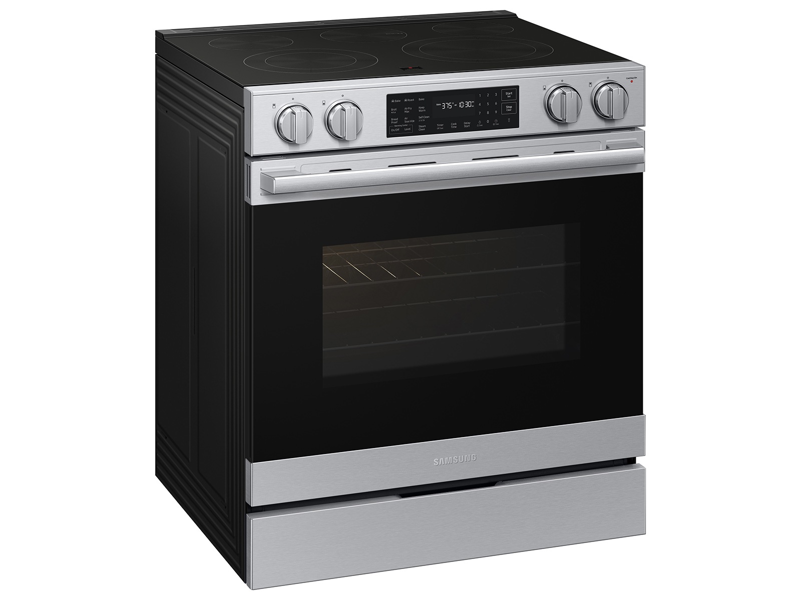 Right angle view of the  Bespoke Smart Slide-In Electric Range with No Preheat Air Fry Max and True Convection | Samsung US featuring its Pro Style Design