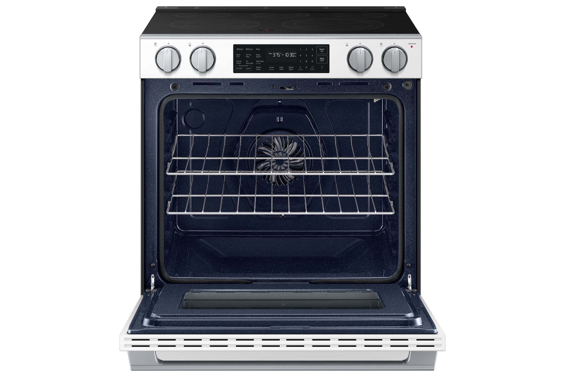 Open oven door of the Bespoke Smart Slide-In Electric Range with No Preheat Air Fry Max and True Convection | Samsung US