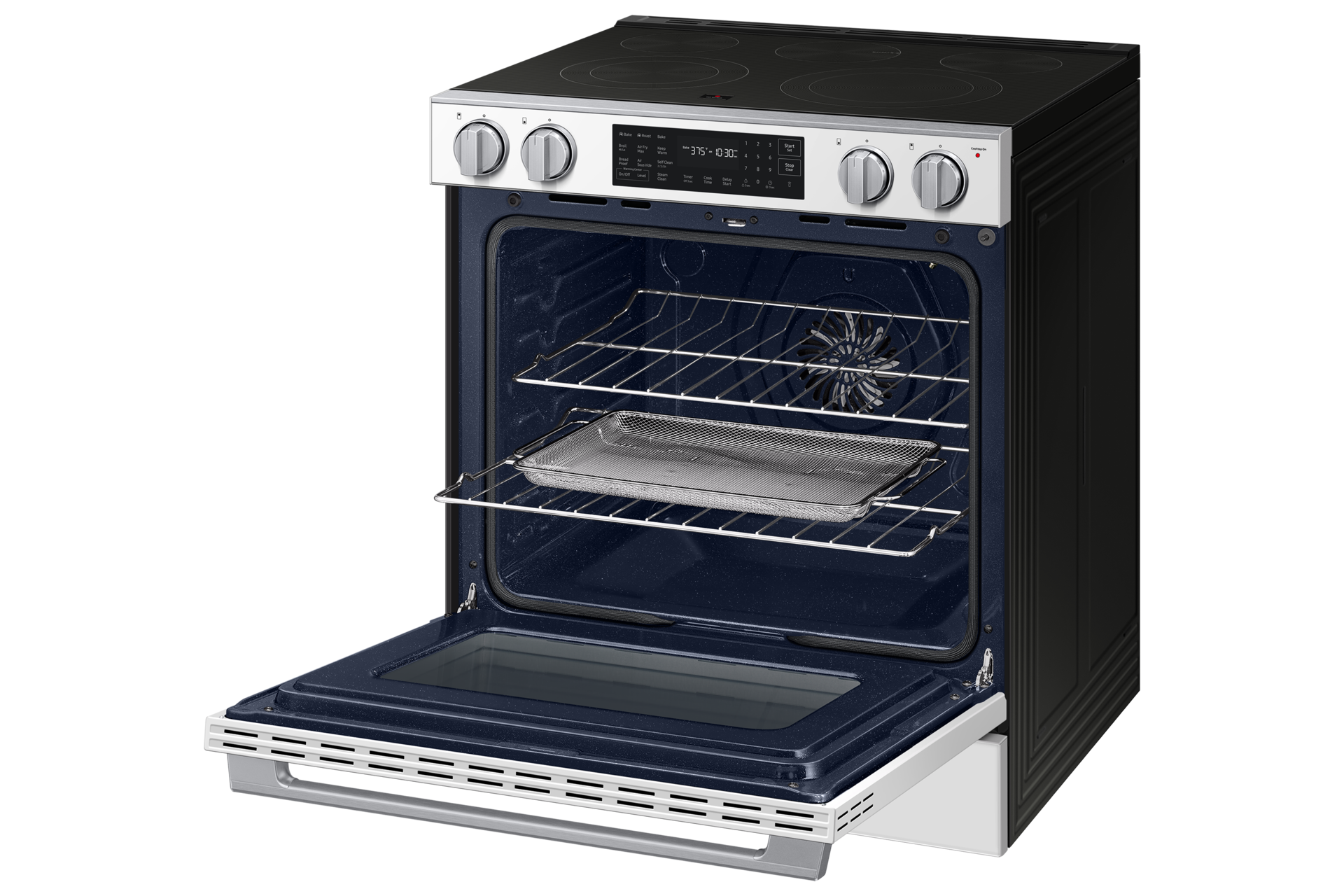 Right angle view of the  Bespoke Smart Slide-In Electric Range with No Preheat Air Fry Max and True Convection with open oven door showing racks and Air Fry Tray