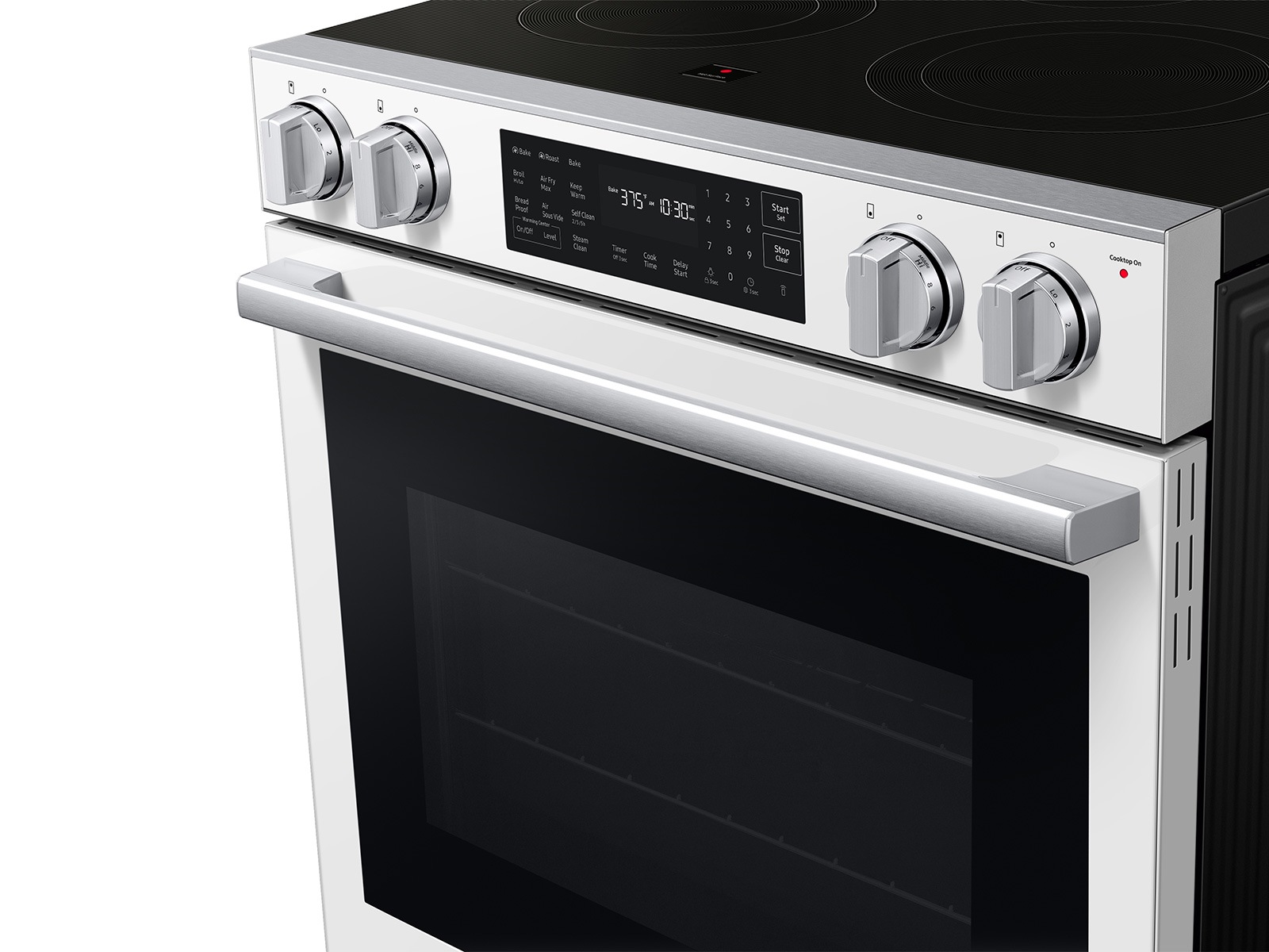 Angled detail view of  Bespoke Smart Slide-In Electric Range with No Preheat Air Fry Max and True Convection | Samsung US