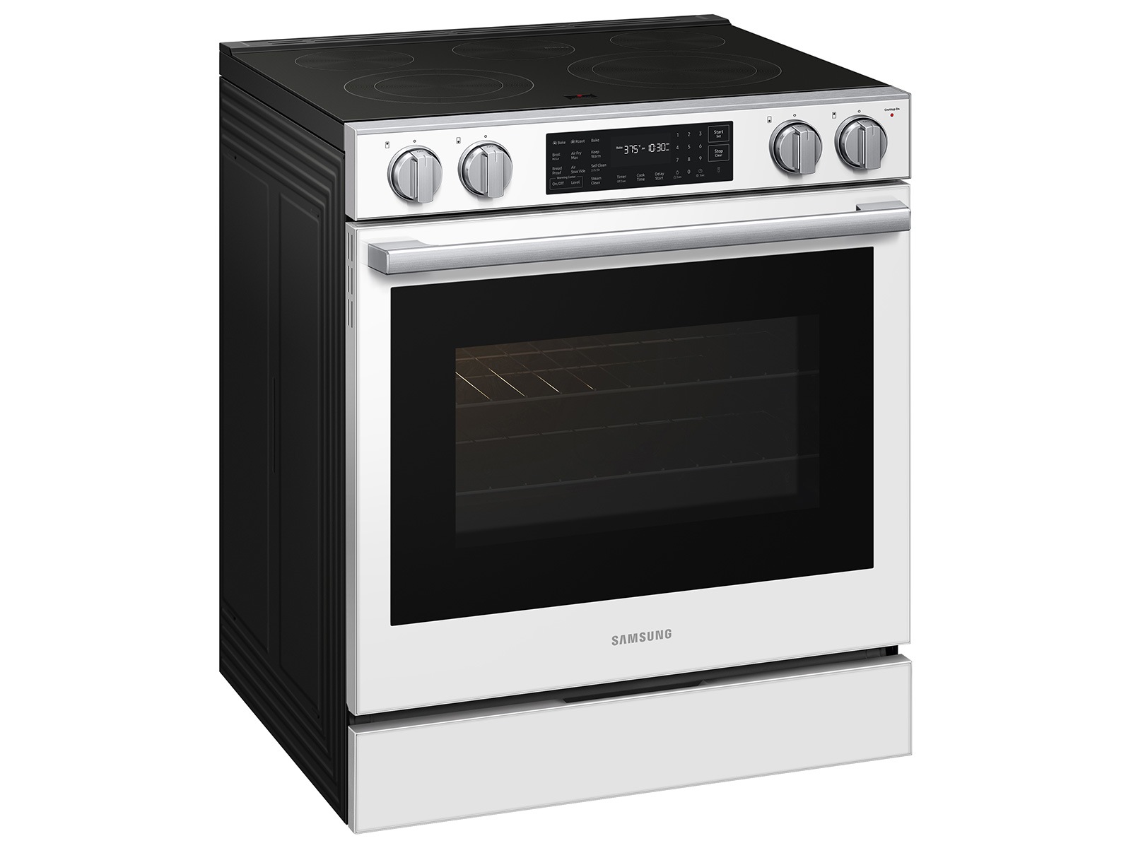 Right angle view of the  Bespoke Smart Slide-In Electric Range with No Preheat Air Fry Max and True Convection | Samsung US featuring its Pro Style Design