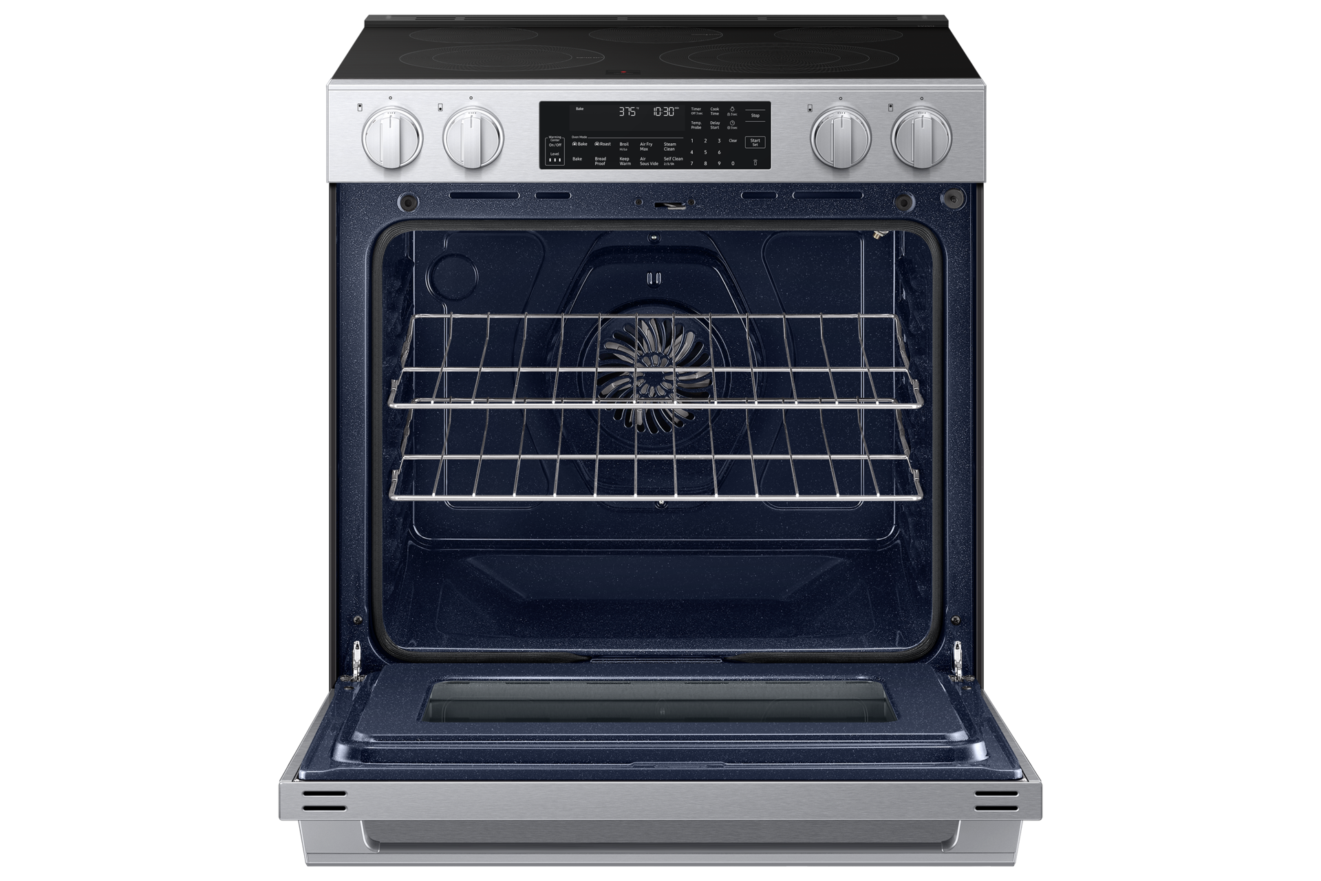 Open oven door of the Bespoke Smart Slide-In Electric Range with Illuminated Precision Knobs, No Preheat Air Fry Max and True Convection | Samsung US