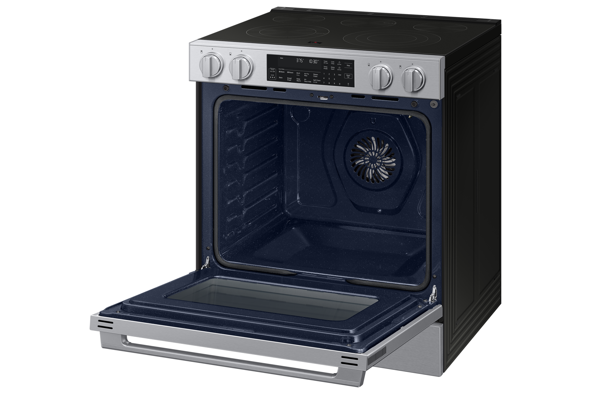 Right angle view of the  Bespoke Smart Slide-In Electric Range with Illuminated Precision Knobs, No Preheat Air Fry Max and True Convection with open oven door