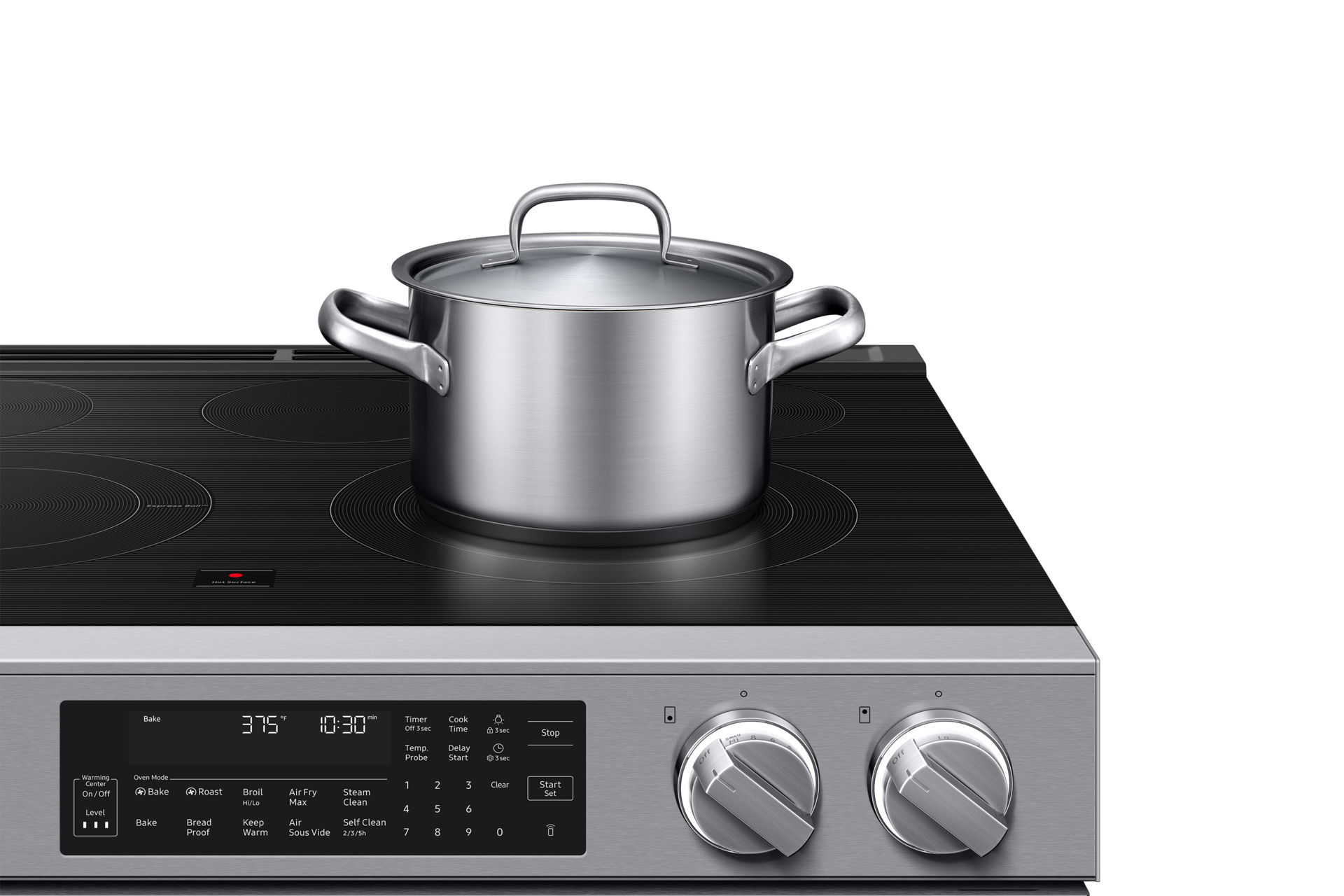 Detail image showing closeup of of  Bespoke Smart Slide-In Electric Range with Illuminated Precision Knobs, No Preheat Air Fry Max and True Convection | Samsung US 