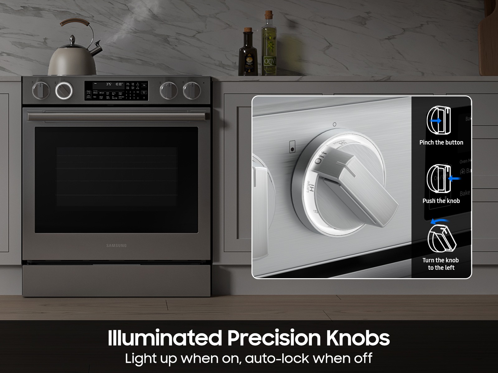  Bespoke Smart Slide-In Electric Range with Illuminated Precision Knobs, No Preheat Air Fry Max and True Convection | Samsung US featuring Illuminated Knobx