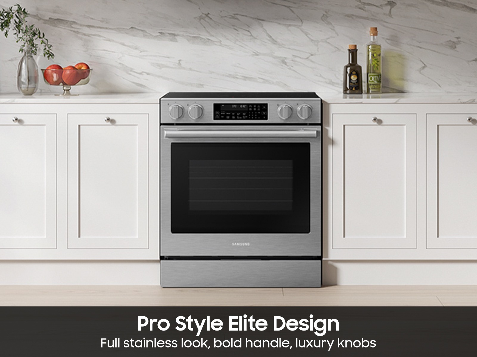 Kitchen image featuring  Bespoke Smart Slide-In Electric Range with Illuminated Precision Knobs, No Preheat Air Fry Max and True Convection | Samsung US