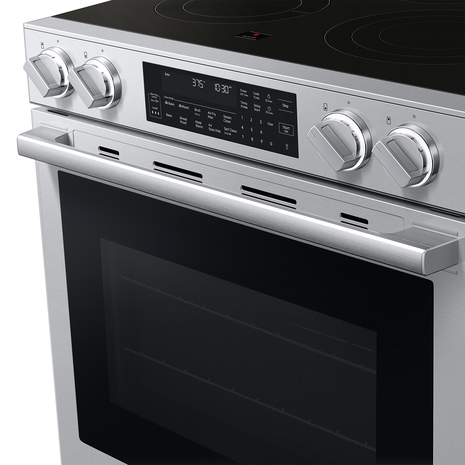 Angled detail view of  Bespoke Smart Slide-In Electric Range with Illuminated Precision Knobs, No Preheat Air Fry Max and True Convection | Samsung US 